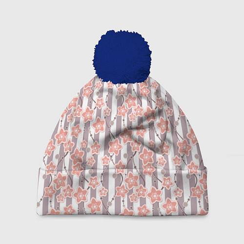 Шапка c помпоном Коралловые цветы на полосатом фоне / 3D-Тёмно-синий – фото 1