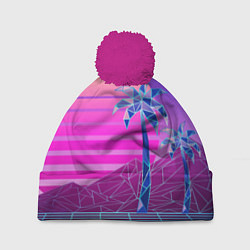Шапка с помпоном Vaporwave неоновые горы и пальмы, цвет: 3D-малиновый