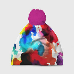 Шапка с помпоном Абстрактная акварельная композиция, цвет: 3D-малиновый