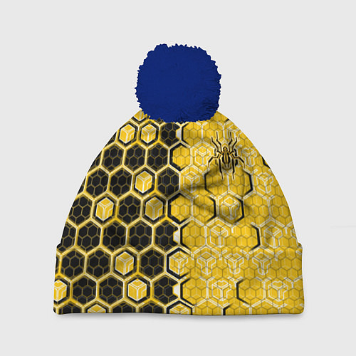 Шапка c помпоном Киберпанк соты шестиугольники жёлтый и чёрный с па / 3D-Тёмно-синий – фото 1