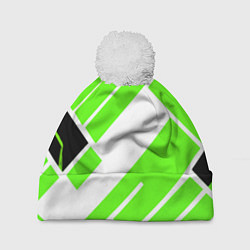 Шапка c помпоном Зелёные широкие линии на белом фоне