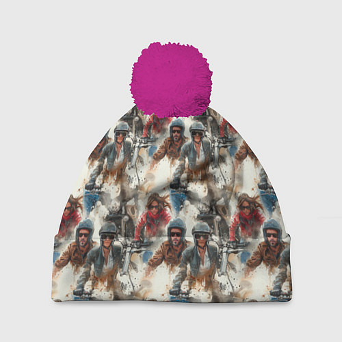 Шапка c помпоном Акварель -мотогонщики / 3D-Малиновый – фото 1