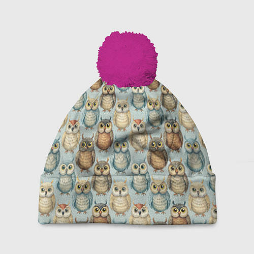 Шапка c помпоном Совы птицы паттерн / 3D-Малиновый – фото 1