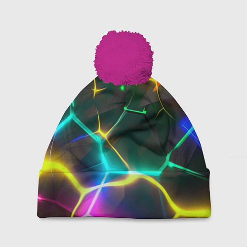 Шапка c помпоном Яркие неоновые радужные разбитые плиты / 3D-Малиновый – фото 1