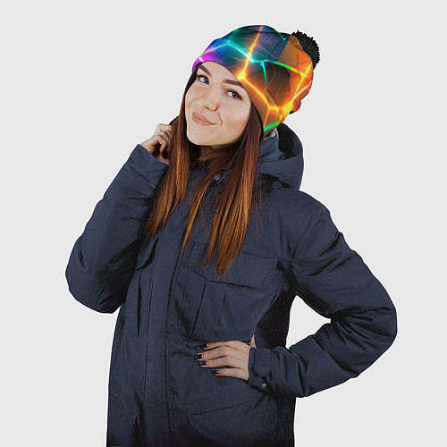 Шапка c помпоном Яркий градиент в разломленных плитах с желтым свет / 3D-Черный – фото 2