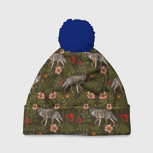 Шапка c помпоном Волки и шиповник / 3D-Тёмно-синий – фото 1