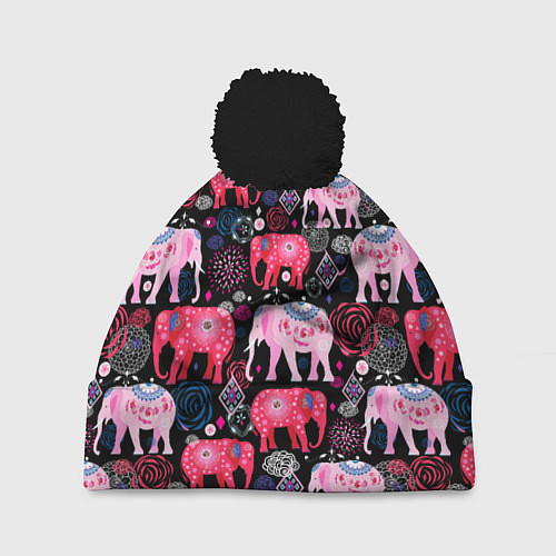 Шапка c помпоном Орнамент разноцветных слонов / 3D-Черный – фото 1