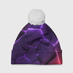 Шапка с помпоном Красно-фиолетовые неоновые плиты в разломе, цвет: 3D-белый