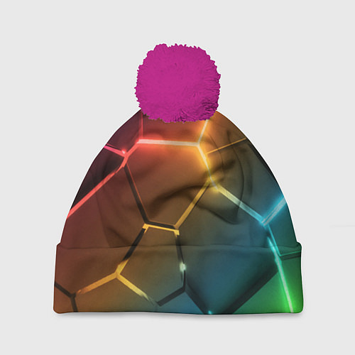 Шапка c помпоном Радужные неоновые плиты в разломе / 3D-Малиновый – фото 1