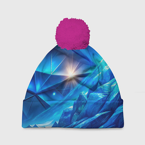 Шапка c помпоном Синяя объемная абстракция со вспышкой / 3D-Малиновый – фото 1