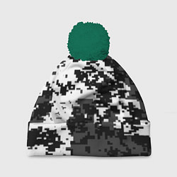 Шапка с помпоном Камуфляжные пиксели чёрно белый, цвет: 3D-зеленый