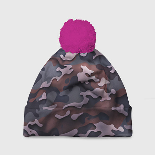 Шапка c помпоном Камуфляж-грязь / 3D-Малиновый – фото 1