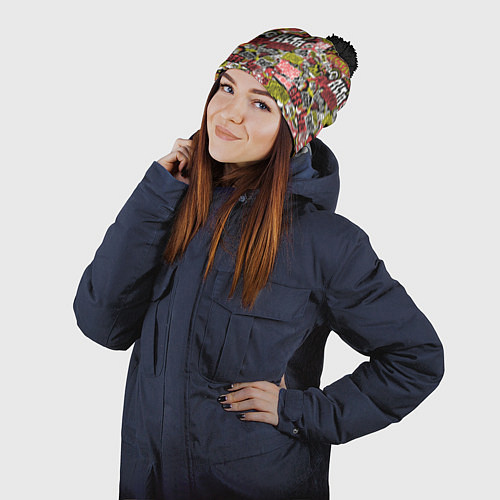 Шапка c помпоном Супер мото паттерн с надписями и черепками / 3D-Черный – фото 2