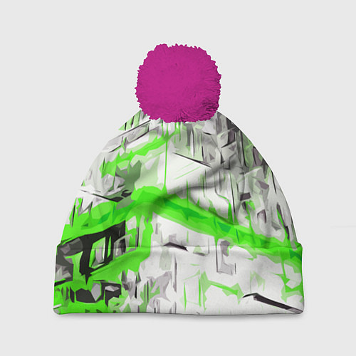 Шапка c помпоном Бело-зелёная абстракция на чёрном фоне / 3D-Малиновый – фото 1