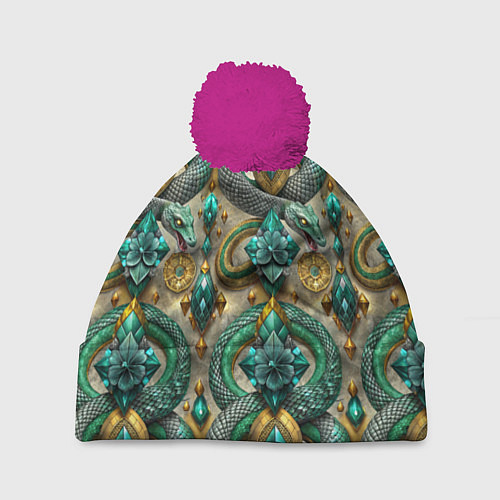 Шапка c помпоном Паттерн зеленые темные змеи / 3D-Малиновый – фото 1