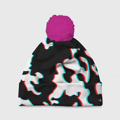 Шапка c помпоном Камуфляж глитч / 3D-Малиновый – фото 1