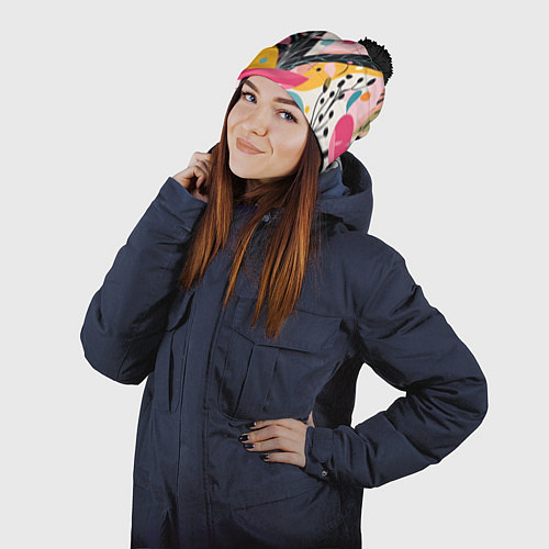 Шапка c помпоном Листья цветы абстракция / 3D-Черный – фото 2