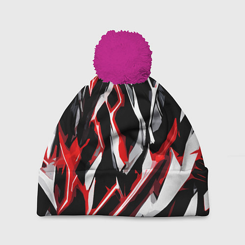 Шапка c помпоном Красно-белые агрессивные полосы на чёрном фоне / 3D-Малиновый – фото 1