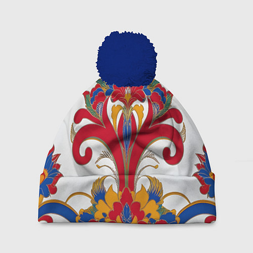 Шапка c помпоном Яркий алый узор / 3D-Тёмно-синий – фото 1