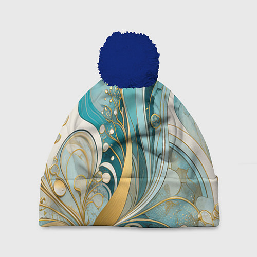 Шапка c помпоном Бирюзовый с белым растительный узор в мягких тонах / 3D-Тёмно-синий – фото 1