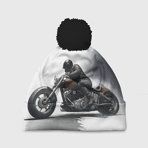 Шапка c помпоном Крутой байкер скетч / 3D-Черный – фото 1