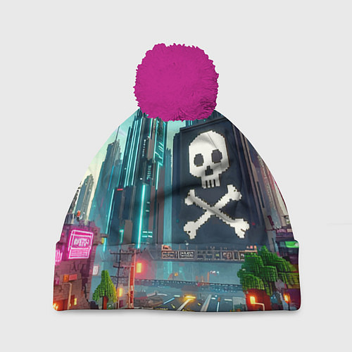 Шапка c помпоном Minecraft district with skull - ai art fantasy / 3D-Малиновый – фото 1