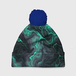 Шапка с помпоном Бирюзовый мрамор на черном фоне, цвет: 3D-тёмно-синий