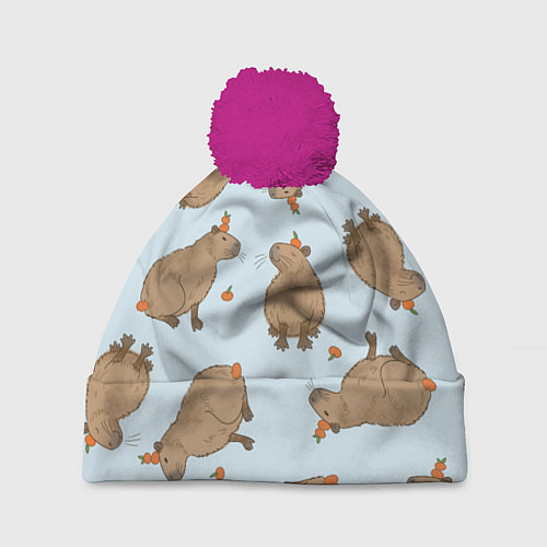 Шапка c помпоном Паттерн с капибарами и мандаринками голубой / 3D-Малиновый – фото 1
