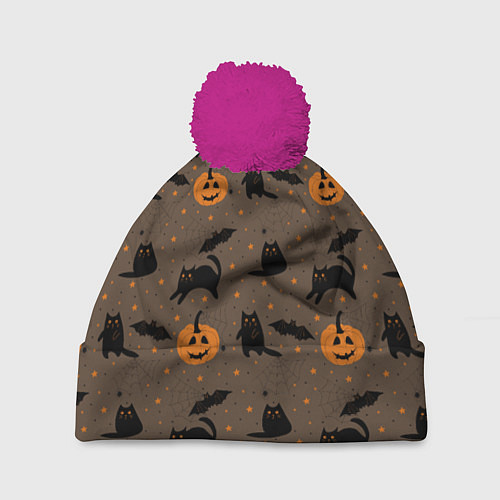 Шапка c помпоном Хэллоуин и кот / 3D-Малиновый – фото 1