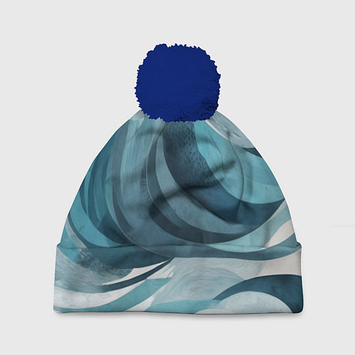 Шапка c помпоном Океан абстракция волны / 3D-Тёмно-синий – фото 1