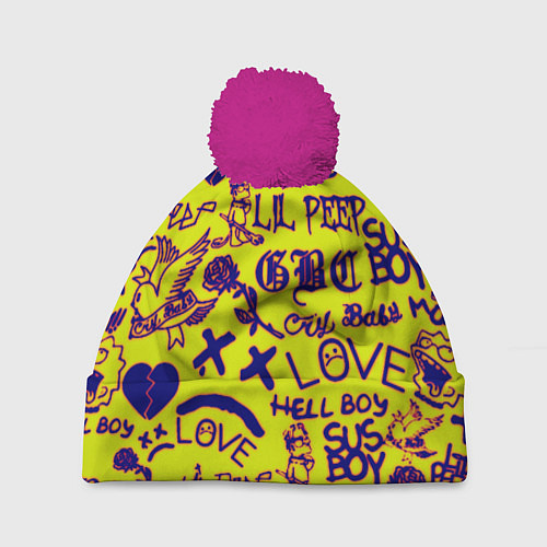 Шапка c помпоном Lil peep rap pattern / 3D-Малиновый – фото 1
