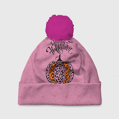 Шапка c помпоном Хэллоуин - тыква леопардовый узор / 3D-Малиновый – фото 1