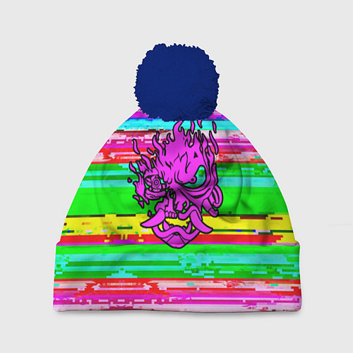 Шапка c помпоном Cyberpunk 2077 радужные полосы / 3D-Тёмно-синий – фото 1