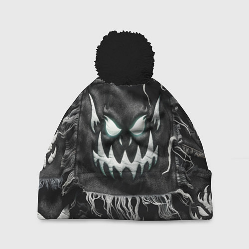 Шапка c помпоном Облик монстра на пэчворк джинсах / 3D-Черный – фото 1