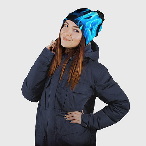 Шапка c помпоном Синий огонь текстура / 3D-Черный – фото 2