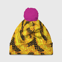 Шапка с помпоном Змеиный черно-золотой узор, цвет: 3D-малиновый