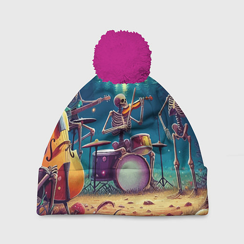 Шапка c помпоном Группа скелетов даёт концерт под грибами / 3D-Малиновый – фото 1