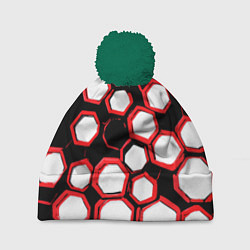 Шапка c помпоном Красно-белые шестиугольники на чёрном фоне