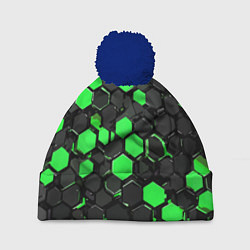 Шапка с помпоном Зелёно-серые шестиугольники на чёрном фоне, цвет: 3D-тёмно-синий