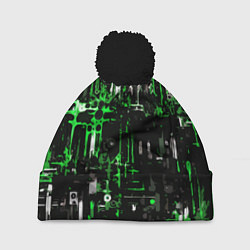 Шапка c помпоном Бело-зелёная тревожная абстракция на чёрном фоне