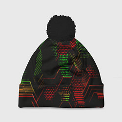 Шапка c помпоном Красно-зелёные точки и линии на чёрном фоне