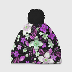 Шапка c помпоном Фиолетово-белые цветы на чёрном фоне