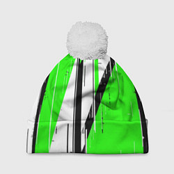 Шапка с помпоном Black and white vertical stripes on a green backgr, цвет: 3D-белый