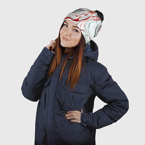 Шапка c помпоном Красно-белый мрамор / 3D-Черный – фото 2