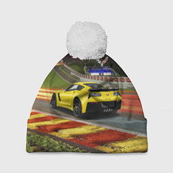 Шапка с помпоном Chevrolet Corvette на гоночной трассе, цвет: 3D-белый