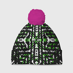 Шапка c помпоном Чёрно-зелёный диагональные полосы на белом фоне