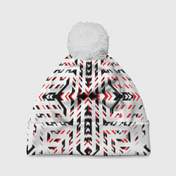 Шапка c помпоном Чёрно-красные диагональные полосы на белом фоне