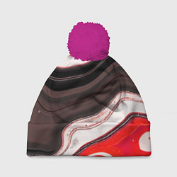 Шапка с помпоном Волнистые горизонтальные чёрно-красные полосы на б, цвет: 3D-малиновый