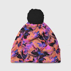 Шапка c помпоном Абстрактные цветы - текучая краска