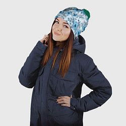 Шапка с помпоном Голубые цветы на светлом фоне паттерн, цвет: 3D-зеленый — фото 2